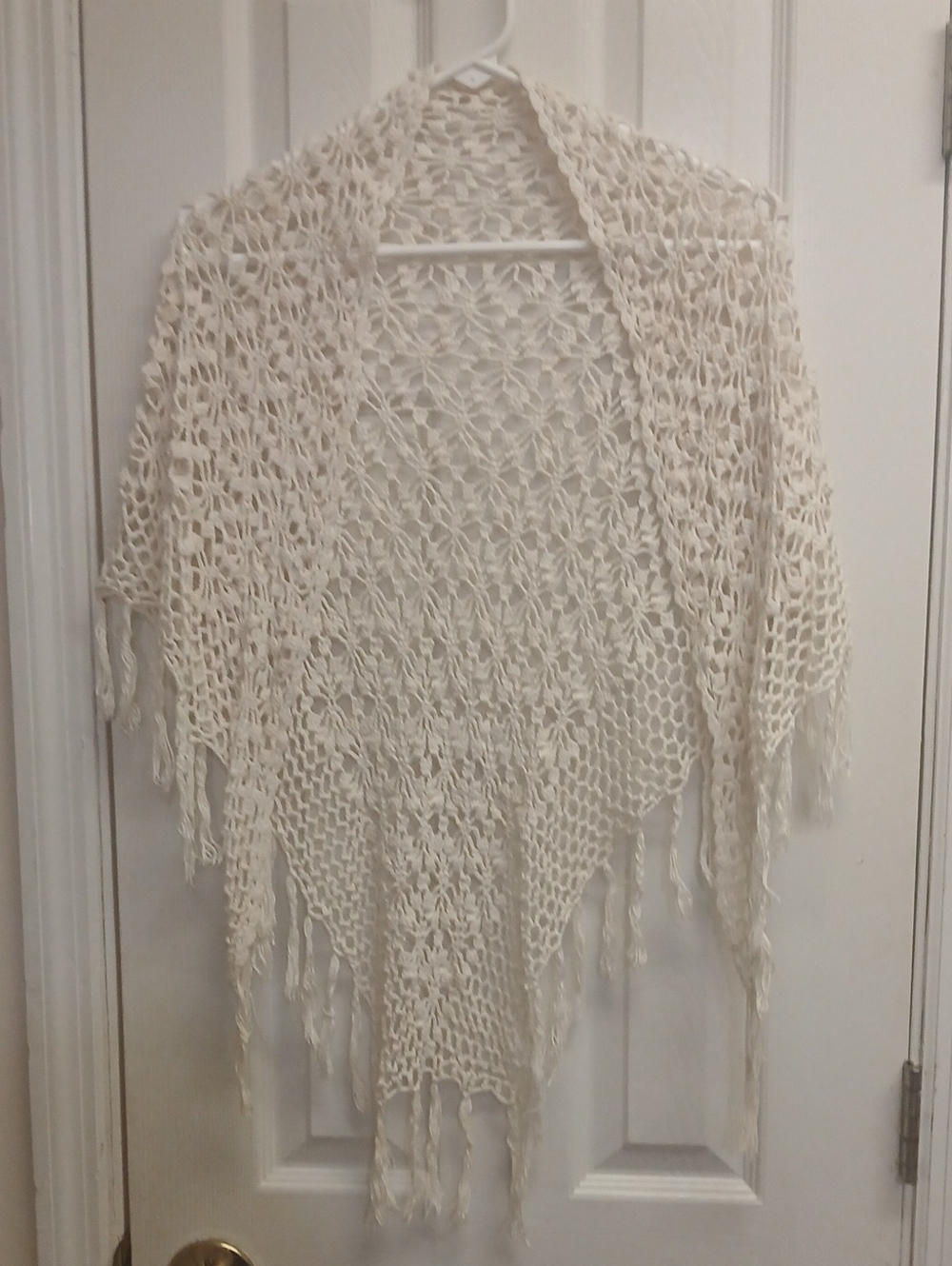SHAWL Handmade Cream Colored Crochet, Fringed Womens Wrap See Description